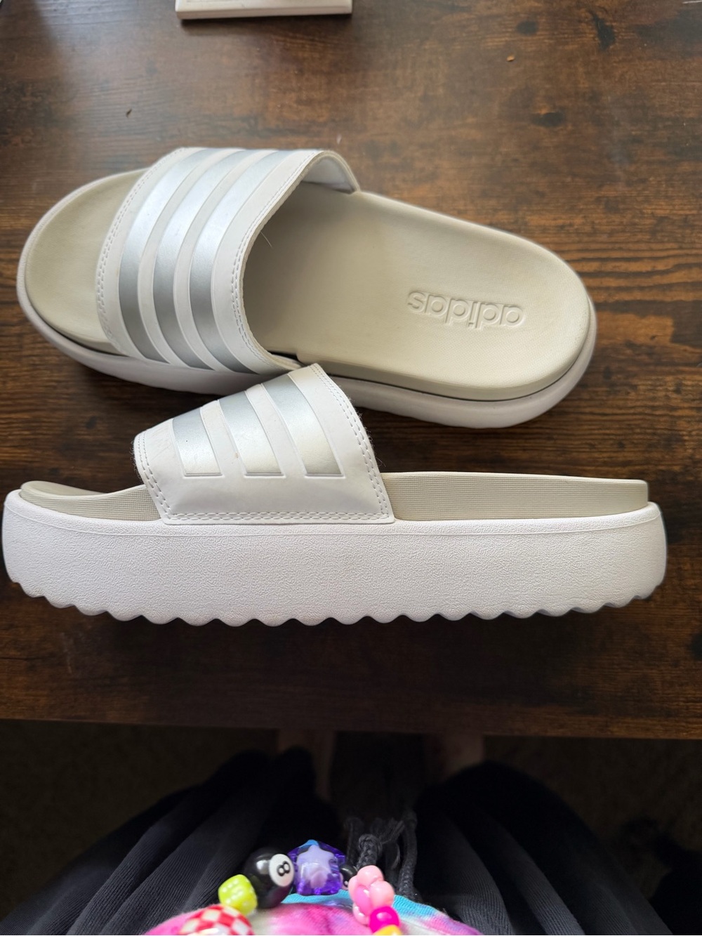 adidas White and Silver platform Slide Sandals with Metallic Stripes - Picture 3 of 4